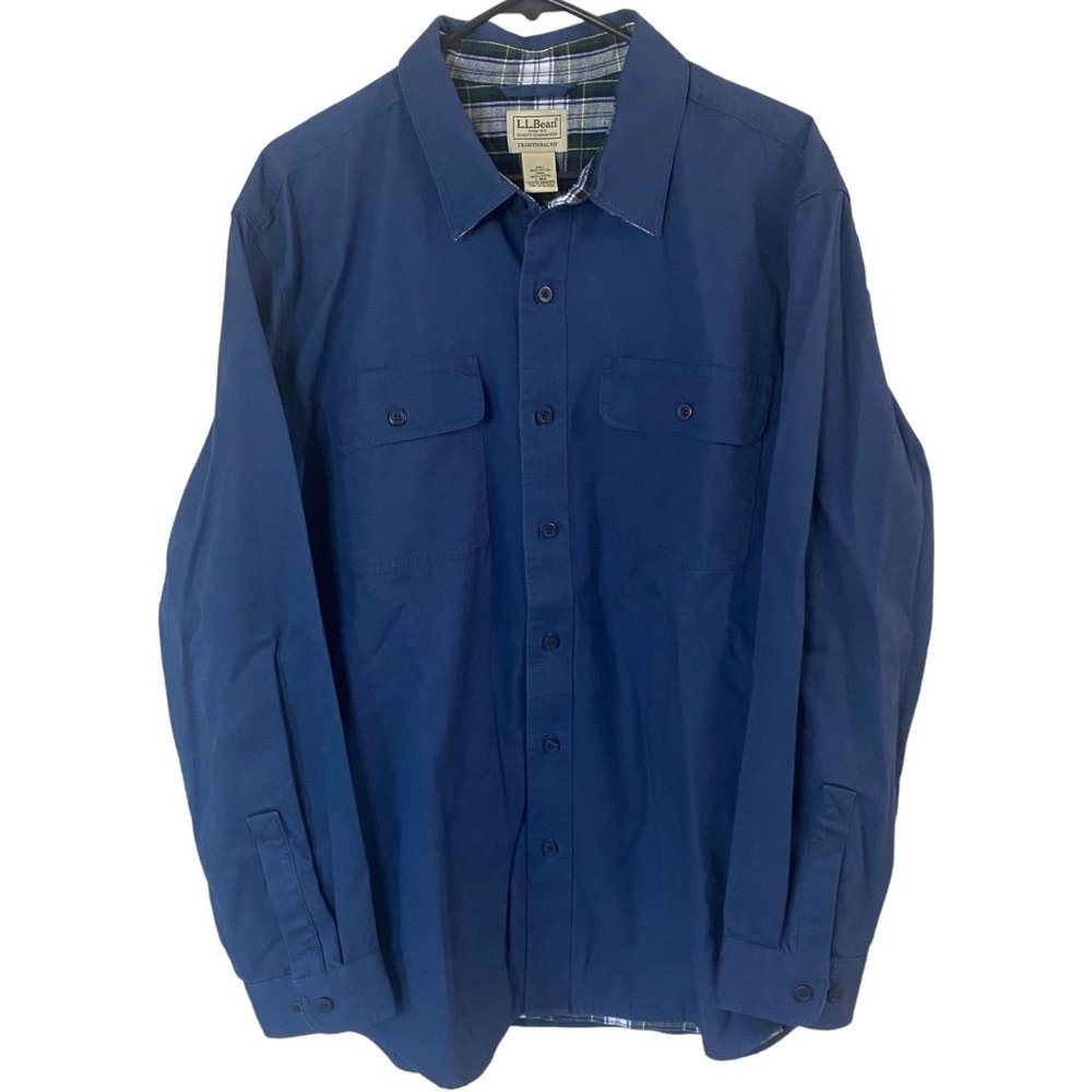 L.L. Bean Button-Up Work Shirt Mens Large Blue Plaid Lined Heavyweight Shacket
